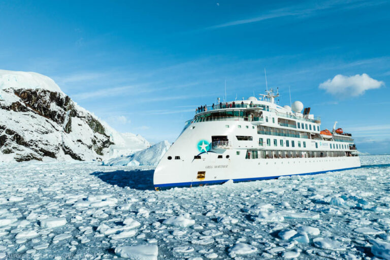 Expeditionsschiff Greg Mortimer in der Antarktis im Packeis