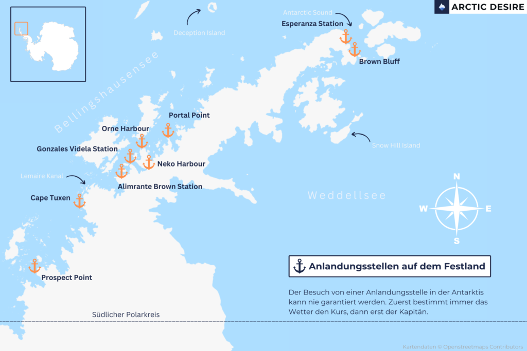 Karte der Festland Anlandungsstellen in der Antarktis auf der Antarktischen Halbinsel.